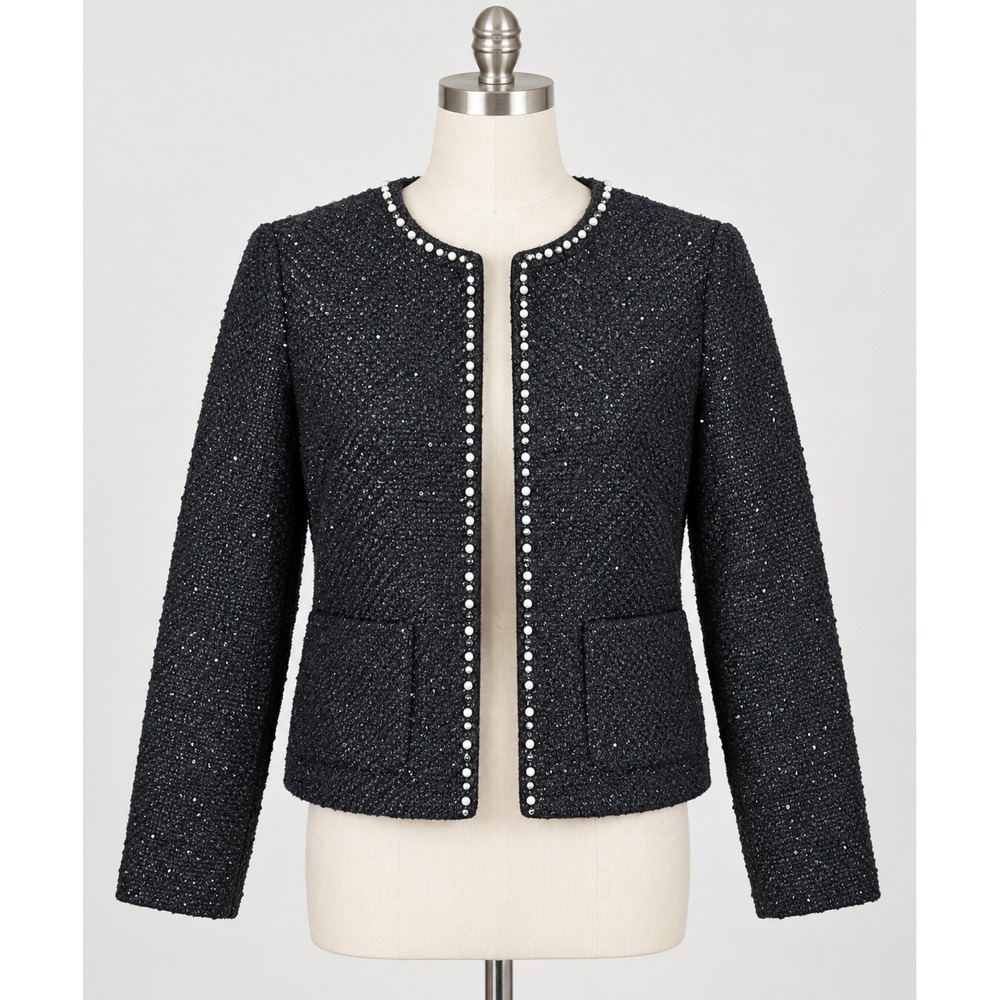 RSVP by Talbots Black Tweed Pearl Trim Jacket Shimmer Elegant Dressy Formal 6